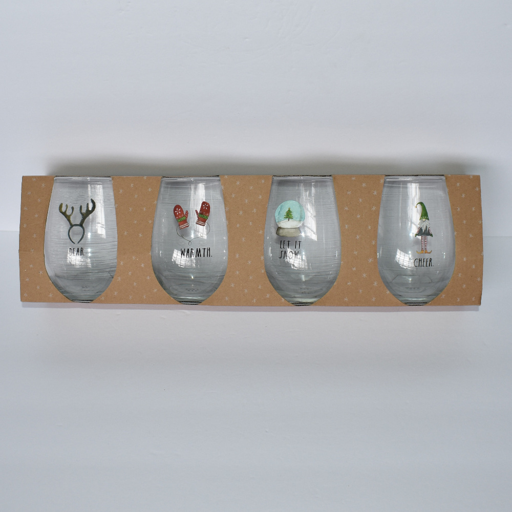 Rae Dunn Stemless Wine Glasses Set of 4 Holiday